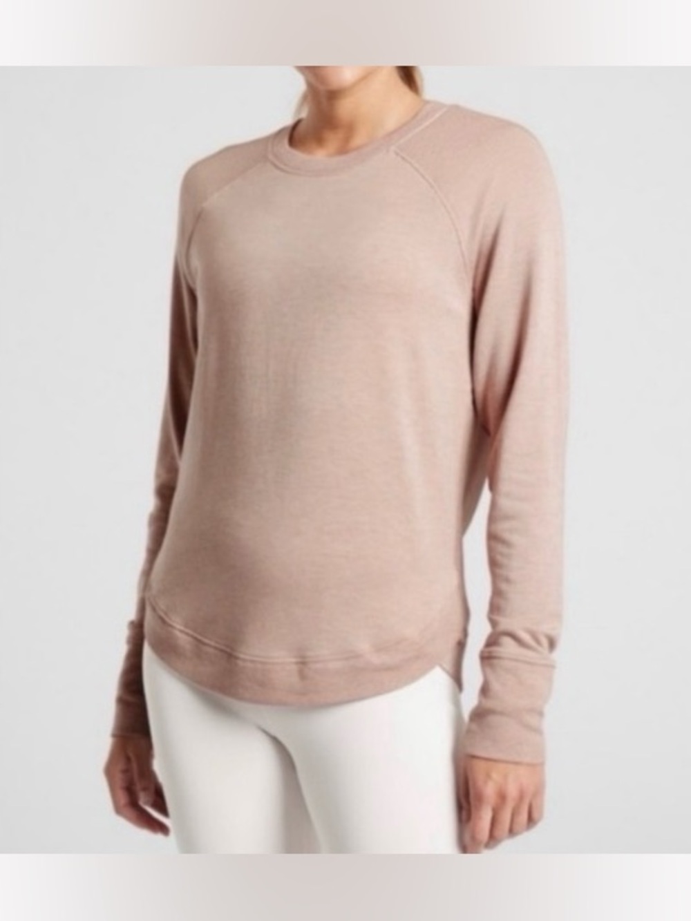 Athleta Mindset Sweatshirt Long Sleeve Top S Beige Tan Crewneck Modal Blend